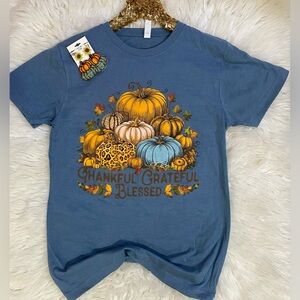 NEW WITH TAGS Thankful Grateful Blessed Pumpkin Tee Heather Slate Fall Graphic